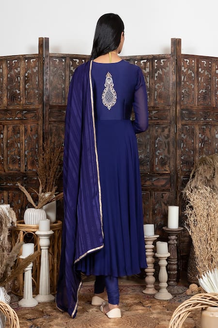 Shop Nadima Saqib Blue Anarkali Chanderi, Georgette Churidar Pant Gathered Sleeve Angrakha Set at Aza Fashions Shop_Nadima Saqib_Blue Anarkali Chanderi, Georgette Churidar Pant Gathered Sleeve Angrakha Set _at_Aza_Fashions