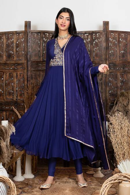 Nadima Saqib Blue Anarkali Chanderi, Georgette Churidar Pant Gathered Sleeve Angrakha Set Online at Aza Fashions Nadima Saqib_Blue Anarkali Chanderi, Georgette Churidar Pant Gathered Sleeve Angrakha Set _Online_at_Aza_Fashions