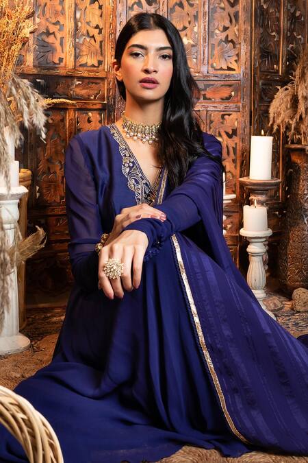 Buy Nadima Saqib Blue Anarkali Chanderi, Georgette Churidar Pant Gathered Sleeve Angrakha Set Online at Aza Fashions Buy_Nadima Saqib_Blue Anarkali Chanderi, Georgette Churidar Pant Gathered Sleeve Angrakha Set _Online_at_Aza_Fashions