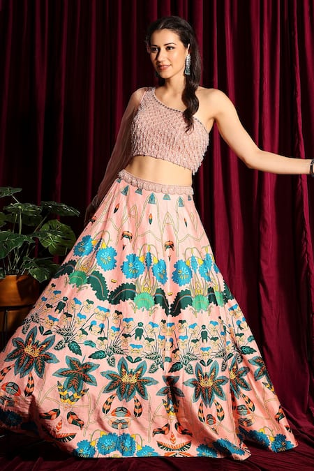 Aayushi Maniar Peach Embroidery Asymmetric Floral Motif Lehenga Set 