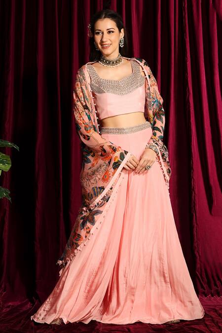 Aayushi Maniar_Peach Cape Organza, Flared Pant And Bustier Crepe Silk Open Printed & Set _Online_at_Aza_Fashions