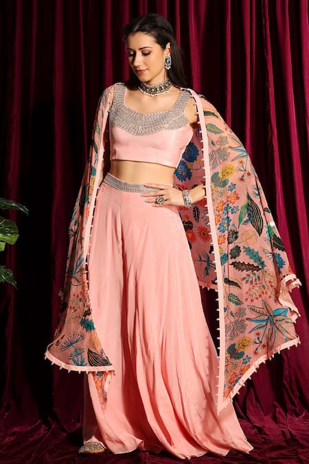 Buy_Aayushi Maniar_Peach Cape Organza, Flared Pant And Bustier Crepe Silk Open Printed & Set _Online_at_Aza_Fashions