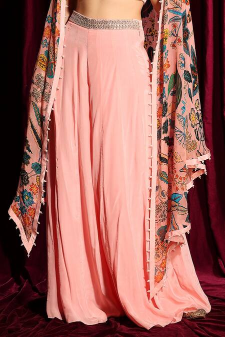 Shop_Aayushi Maniar_Peach Cape Organza, Flared Pant And Bustier Crepe Silk Open Printed & Set _Online_at_Aza_Fashions