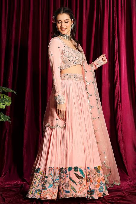 Aayushi Maniar_Peach Dupatta Organza, Lehenga And Blouse Crepe Silk V Neck Gathered Set _Online_at_Aza_Fashions