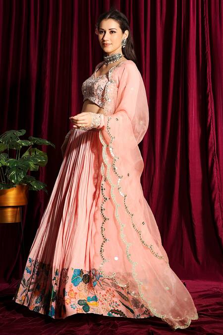 Buy_Aayushi Maniar_Peach Dupatta Organza, Lehenga And Blouse Crepe Silk V Neck Gathered Set _Online_at_Aza_Fashions