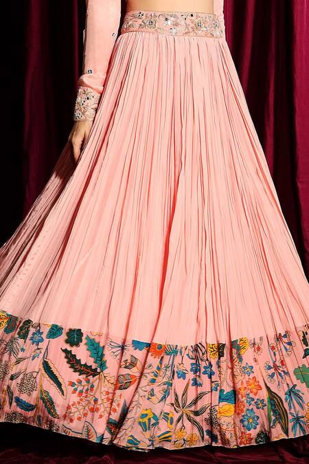 Shop_Aayushi Maniar_Peach Dupatta Organza, Lehenga And Blouse Crepe Silk V Neck Gathered Set _Online_at_Aza_Fashions