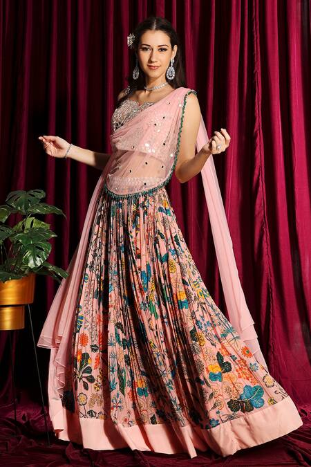 Aayushi Maniar_Peach Drape Net, Lehenga And Blouse Crepe Silk Notched Printed & Set_Online_at_Aza_Fashions