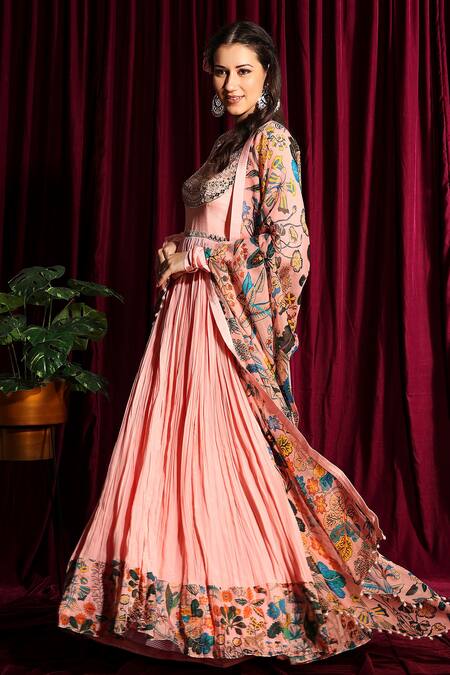 Buy_Aayushi Maniar_Peach Anarkali Crepe Silk, Dupatta Organza Scoop Neck With Printed _Online_at_Aza_Fashions