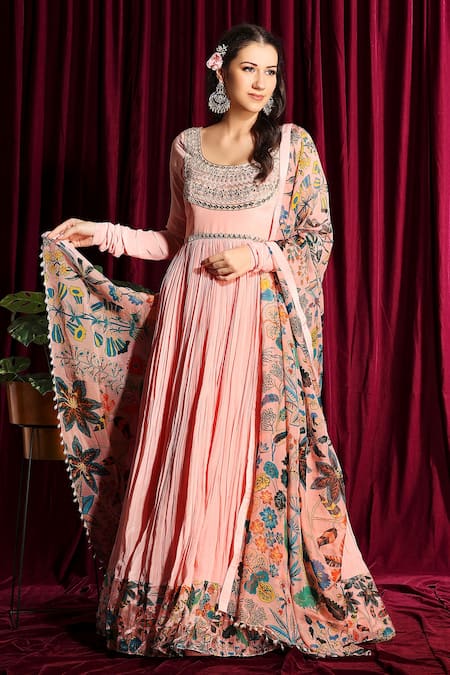 Shop_Aayushi Maniar_Peach Anarkali Crepe Silk, Dupatta Organza Scoop Neck With Printed _Online_at_Aza_Fashions