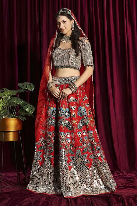 Aayushi Maniar_Red Dupatta Organza, Lehenga And Blouse Raw Silk Mirror Embroidered Bridal Set _Online_at_Aza_Fashions