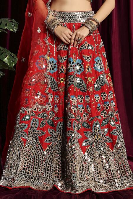 Shop_Aayushi Maniar_Red Dupatta Organza, Lehenga And Blouse Raw Silk Mirror Embroidered Bridal Set _Online_at_Aza_Fashions