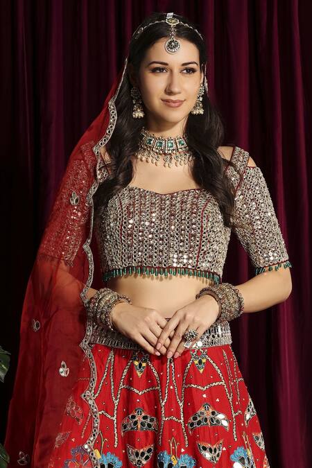 Aayushi Maniar_Red Dupatta Organza, Lehenga And Blouse Raw Silk Mirror Embroidered Bridal Set _at_Aza_Fashions