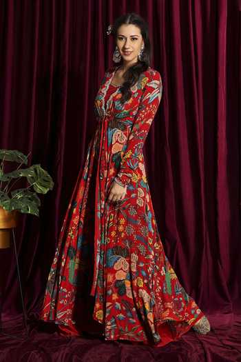 Buy_Aayushi Maniar_Red Bustier And Gharara Crepe Silk, Dupatta Organza, Floral Motif Anarkali Set_Online_at_Aza_Fashions