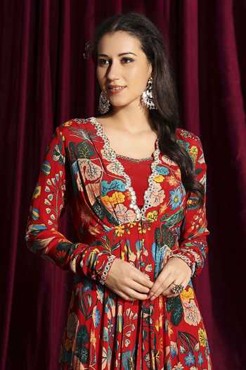 Aayushi Maniar_Red Bustier And Gharara Crepe Silk, Dupatta Organza, Floral Motif Anarkali Set_at_Aza_Fashions