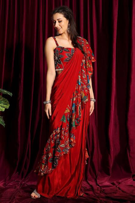 Aayushi Maniar_Red Blouse Organza, Saree Crepe Silk Square Neck Ruffle Pre-draped Set_Online_at_Aza_Fashions