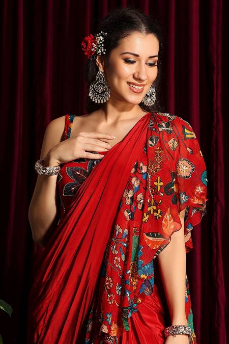 Shop_Aayushi Maniar_Red Blouse Organza, Saree Crepe Silk Square Neck Ruffle Pre-draped Set_Online_at_Aza_Fashions