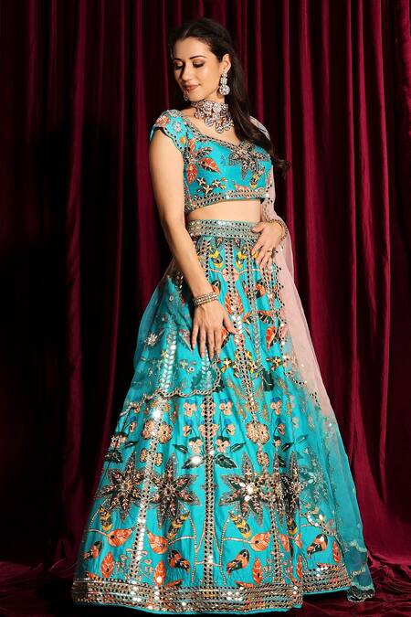 Aayushi Maniar_Blue Dupatta Organza, Lehenga And Blouse Raw Silk Mirror Embroidered Bridal Set_Online_at_Aza_Fashions
