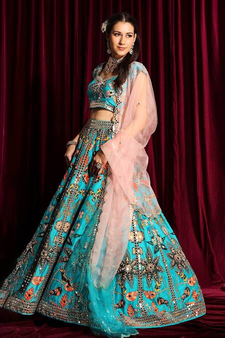 Buy_Aayushi Maniar_Blue Dupatta Organza, Lehenga And Blouse Raw Silk Mirror Embroidered Bridal Set_Online_at_Aza_Fashions