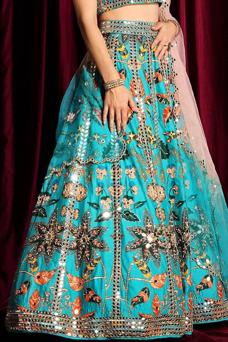 Shop_Aayushi Maniar_Blue Dupatta Organza, Lehenga And Blouse Raw Silk Mirror Embroidered Bridal Set_Online_at_Aza_Fashions