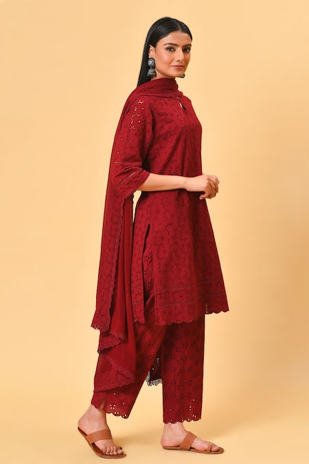 NUHH_Maroon Dupatta 100% Viscose, Kurta And Pant 100% Cotton, Lining Schiffli Set _Online_at_Aza_Fashions