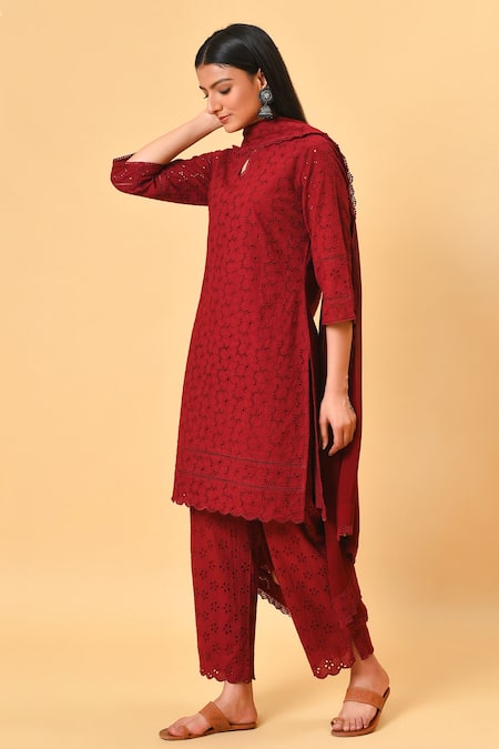 Buy_NUHH_Maroon Dupatta 100% Viscose, Kurta And Pant 100% Cotton, Lining Schiffli Set _Online_at_Aza_Fashions