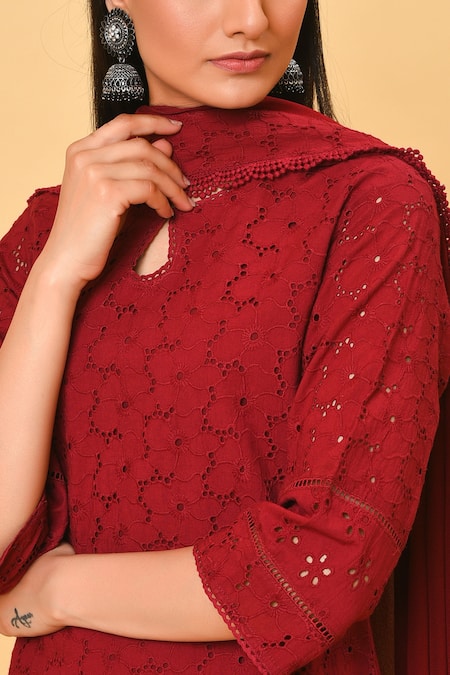 Shop_NUHH_Maroon Dupatta 100% Viscose, Kurta And Pant 100% Cotton, Lining Schiffli Set _Online_at_Aza_Fashions
