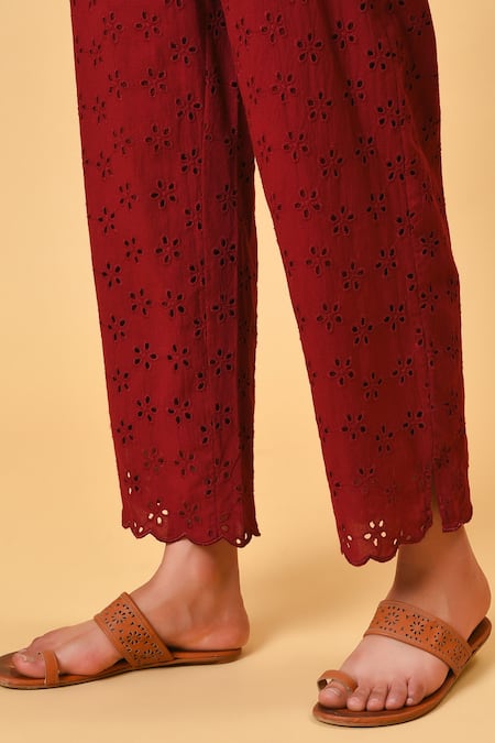 NUHH_Maroon Dupatta 100% Viscose, Kurta And Pant 100% Cotton, Lining Schiffli Set _at_Aza_Fashions