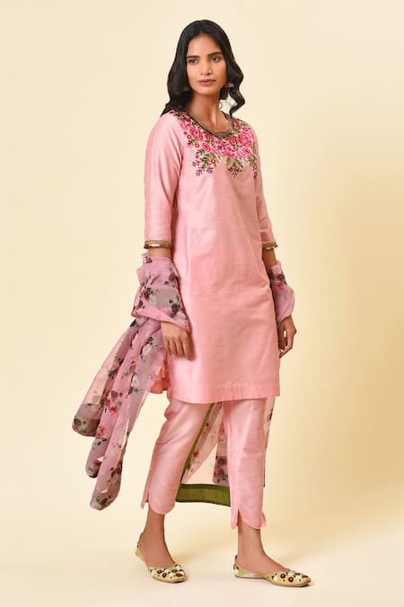 NUHH_Pink Organza, 100% Polyester, Art Silk Round Embroidered Kurta Set _Online_at_Aza_Fashions