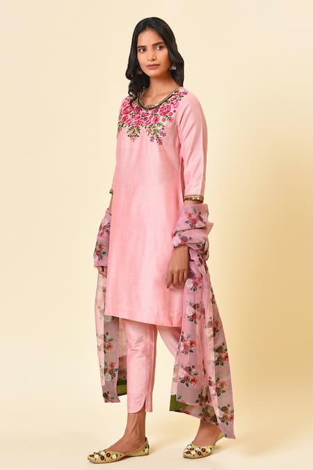 Buy_NUHH_Pink Organza, 100% Polyester, Art Silk Round Embroidered Kurta Set _Online_at_Aza_Fashions