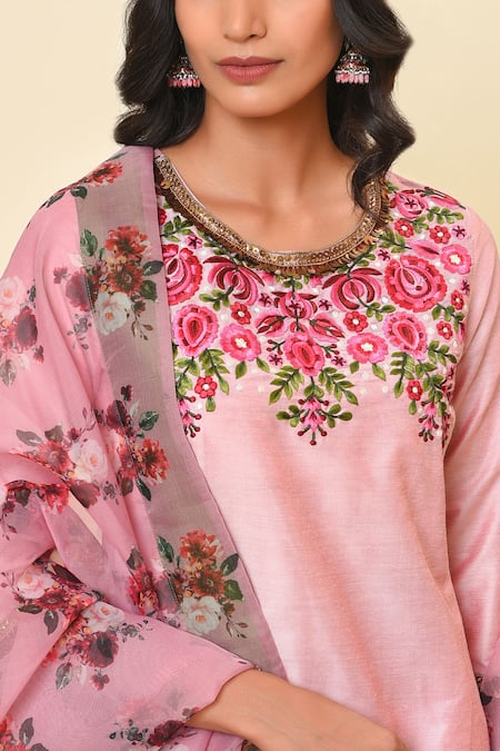 Shop_NUHH_Pink Organza, 100% Polyester, Art Silk Round Embroidered Kurta Set _Online_at_Aza_Fashions