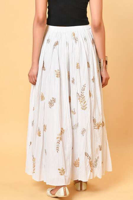 Shop_NUHH_White 100% Cotton Gota Embroidered Flared Skirt _Online_at_Aza_Fashions