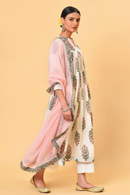 NUHH_White Chiffon, 100% Cotton, 100% Viscose V Neck Block Printed Kurta Set _Online_at_Aza_Fashions