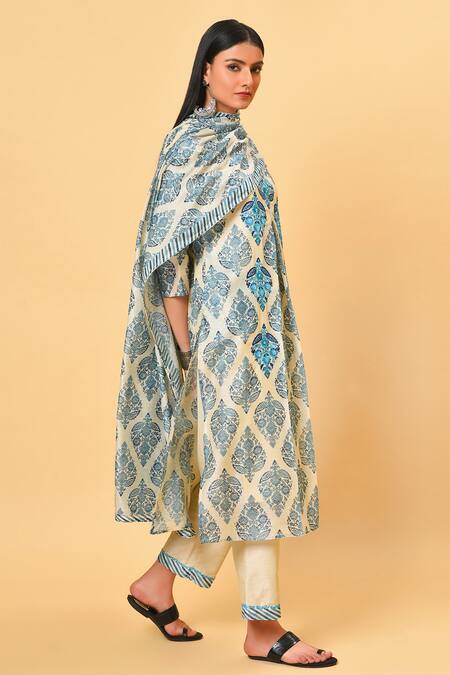 NUHH_Blue Chanderi, Art Silk, Camisole 100% Cotton V Neck Printed Kurta Set _Online_at_Aza_Fashions