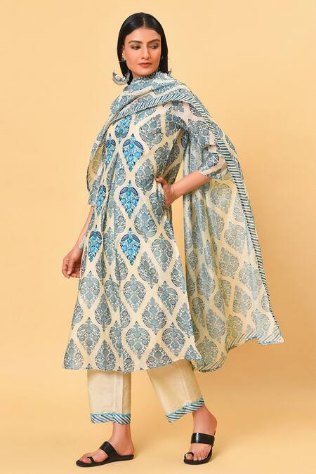 Buy_NUHH_Blue Chanderi, Art Silk, Camisole 100% Cotton V Neck Printed Kurta Set _Online_at_Aza_Fashions