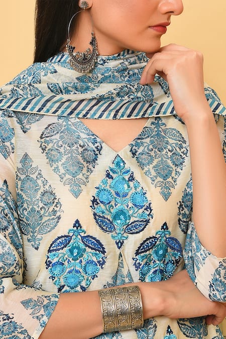 Shop_NUHH_Blue Chanderi, Art Silk, Camisole 100% Cotton V Neck Printed Kurta Set _Online_at_Aza_Fashions