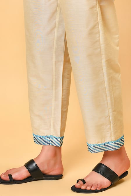 NUHH_Blue Chanderi, Art Silk, Camisole 100% Cotton V Neck Printed Kurta Set _at_Aza_Fashions