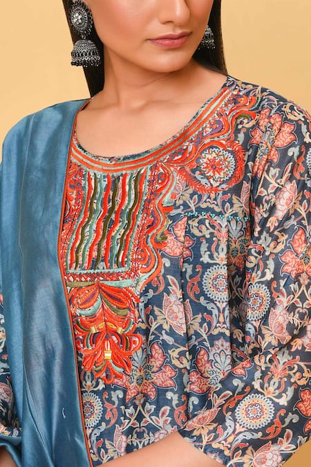 Shop_NUHH_Blue Chanderi, Camisole 100% Cotton Round Printed Kurta Set _Online_at_Aza_Fashions