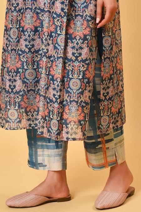 NUHH_Blue Chanderi, Camisole 100% Cotton Round Printed Kurta Set _at_Aza_Fashions