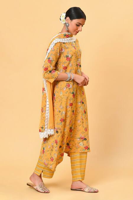 NUHH_Yellow Dupatta 100% Nylon, Kurta 100% Polyester, Pant Printed Asymmetric Set _Online_at_Aza_Fashions