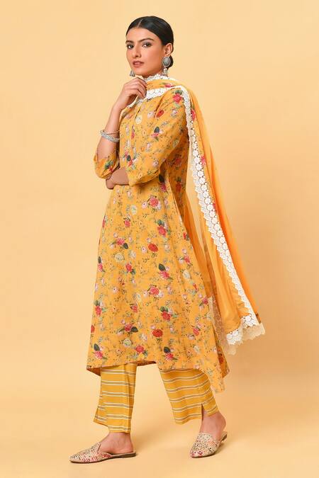Buy_NUHH_Yellow Dupatta 100% Nylon, Kurta 100% Polyester, Pant Printed Asymmetric Set _Online_at_Aza_Fashions