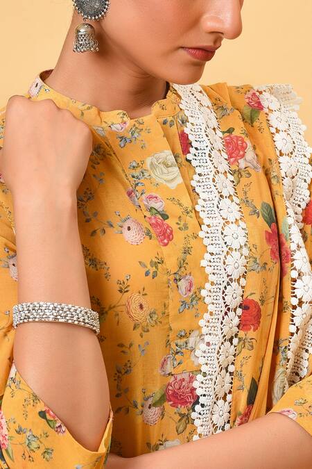 Shop_NUHH_Yellow Dupatta 100% Nylon, Kurta 100% Polyester, Pant Printed Asymmetric Set _Online_at_Aza_Fashions