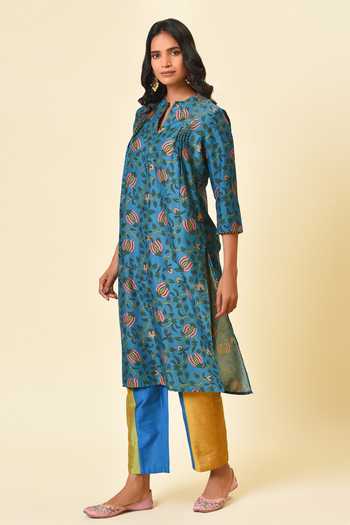 Buy_NUHH_Blue Crepe Silk Notched Printed Kurta And Pant Set _Online_at_Aza_Fashions
