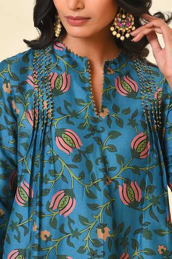 Shop_NUHH_Blue Crepe Silk Notched Printed Kurta And Pant Set _Online_at_Aza_Fashions