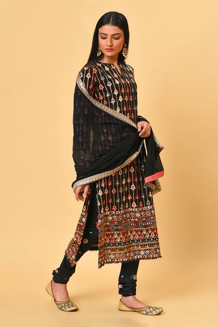 NUHH_Black Chiffon, Georgette, Poly Crepe Notched Embroidered Straight Kurta Set _Online_at_Aza_Fashions