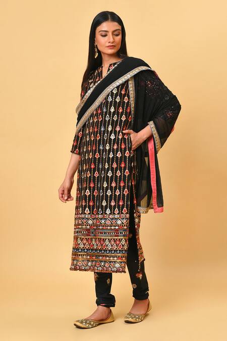 Buy_NUHH_Black Chiffon, Georgette, Poly Crepe Notched Embroidered Straight Kurta Set _Online_at_Aza_Fashions