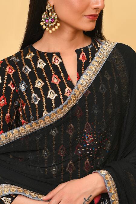 Shop_NUHH_Black Chiffon, Georgette, Poly Crepe Notched Embroidered Straight Kurta Set _Online_at_Aza_Fashions