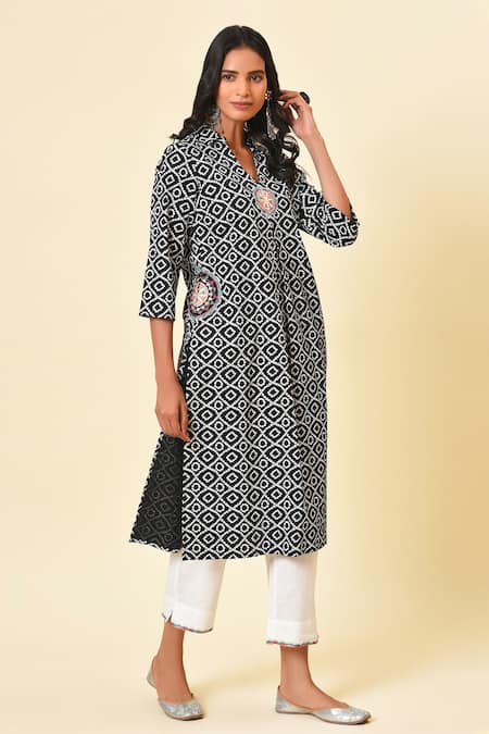 NUHH_Black 100% Cotton V Neck Bandhani Printed Kurta And Pant Set _Online_at_Aza_Fashions