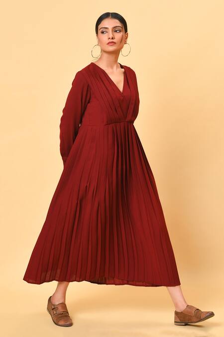 NUHH_Maroon 100% Polyester V Neck Pleated Midi Dress _Online_at_Aza_Fashions