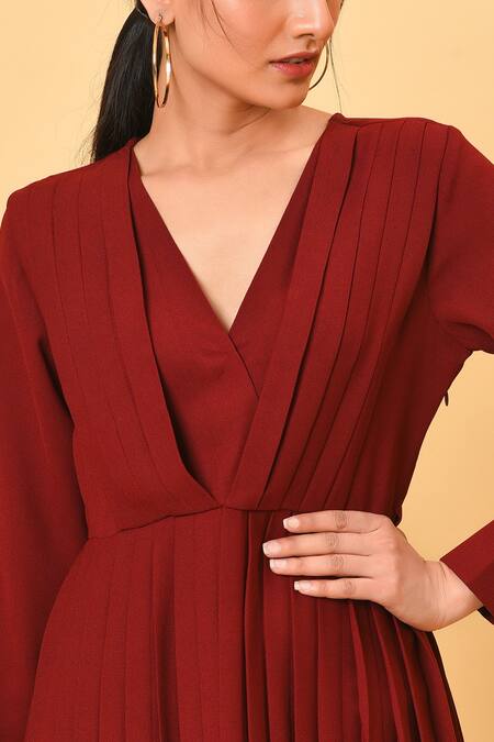 Shop_NUHH_Maroon 100% Polyester V Neck Pleated Midi Dress _Online_at_Aza_Fashions