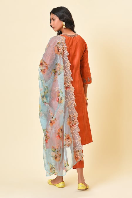 Shop_NUHH_Orange Organza, Art Silk Notched Straight Kurta Set With Printed Dupatta _at_Aza_Fashions